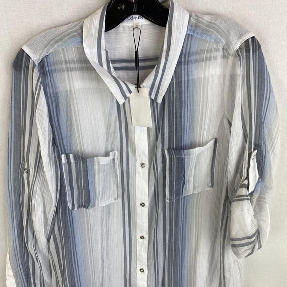 CALVIN KLEIN White Sheer Stripe Shirt NWT - Picture 2 of 7